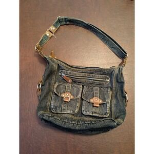 y2k Denim Shoulder Bag Hobo Purse Distressed Blue Jean Brown Pockets Zipper